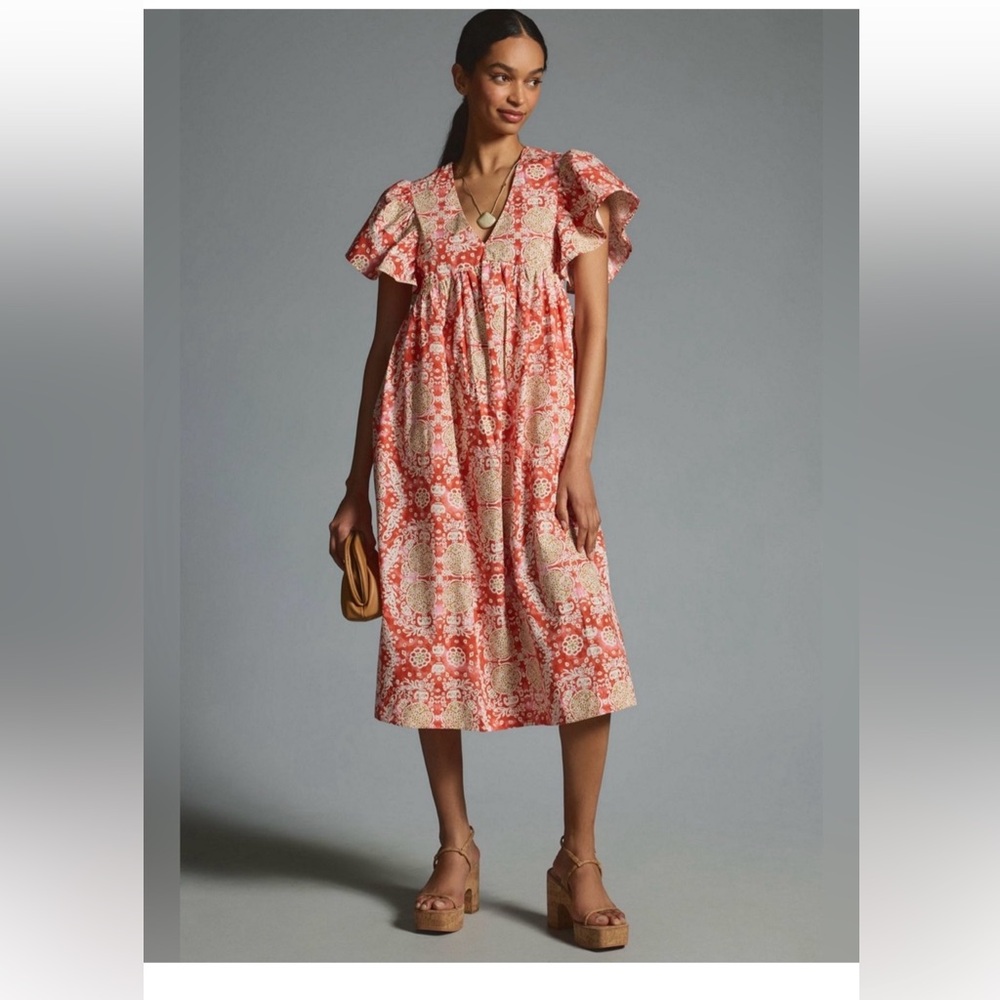 NEW Anthropologie Maeve Printed Flutter Sleeve Midi Dress Red Apron Babydoll XS